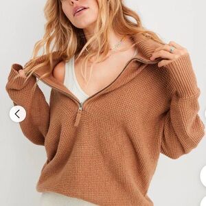 Aerie cozy up quarter zip waffle sweater in brown size small
